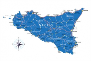 Highly detailed vector map of Sicily with administrative regions, main cities and roads.