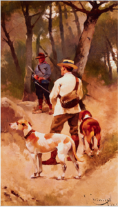 Peinture de chasseurs et chiens